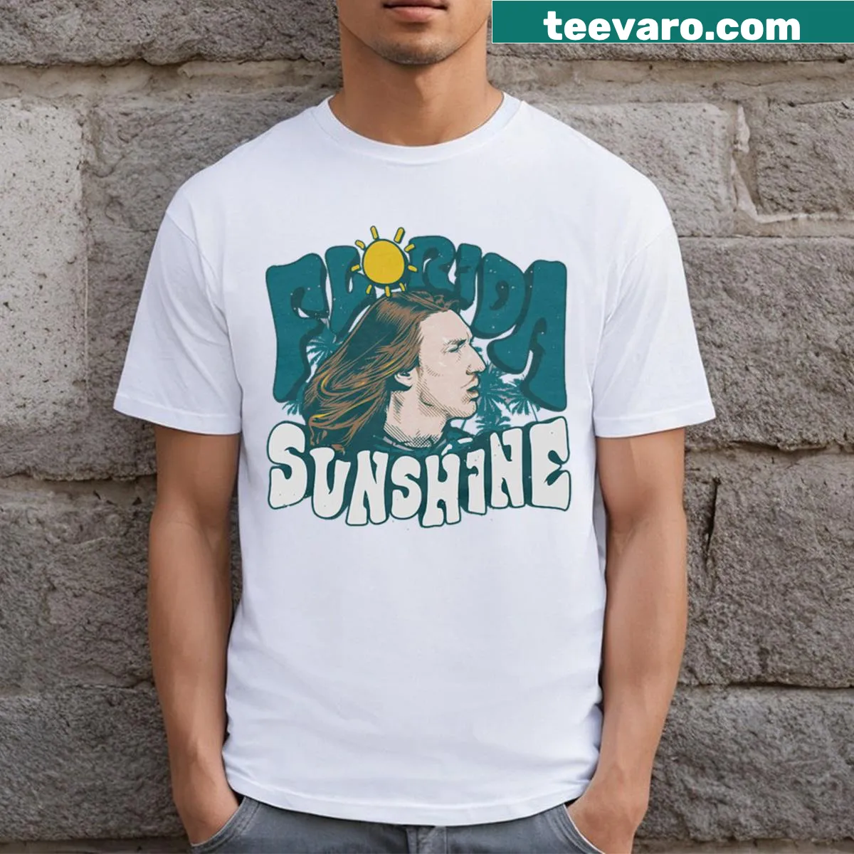 Illustrated T-shirt featuring Trevor Lawrence and Florida sunshine — on a men's t-shirt