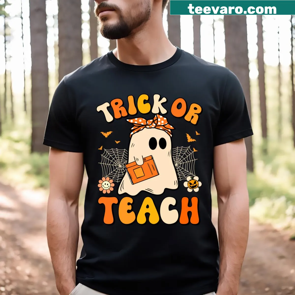 Funny Halloween teacher t-shirt with a ghost and playful text — on a men's t-shirt