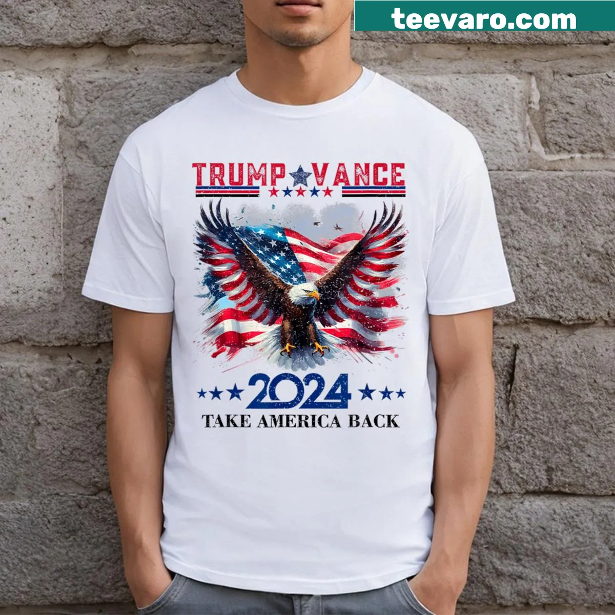 Patriotic T-shirt with eagle and flag design for Trump Vance 2024 — on a men's t-shirt