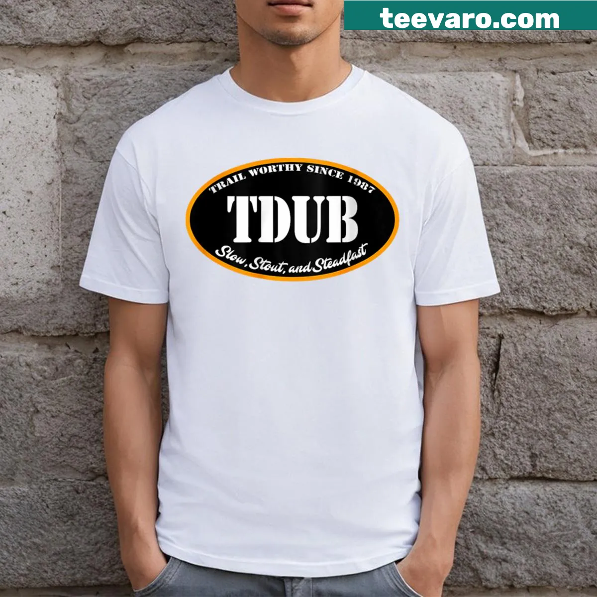 Silhouette T-shirt featuring Tw200 Trailway motorcycle logo — on a men's t-shirt