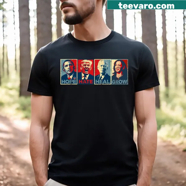 Inspirational typography t-shirt with Hope Hate Heal Grow message