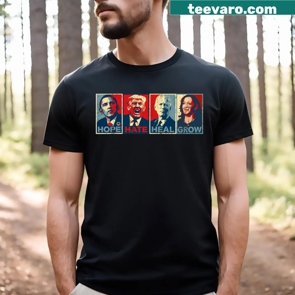 Inspirational typography t-shirt with Hope Hate Heal Grow message — on a men's t-shirt