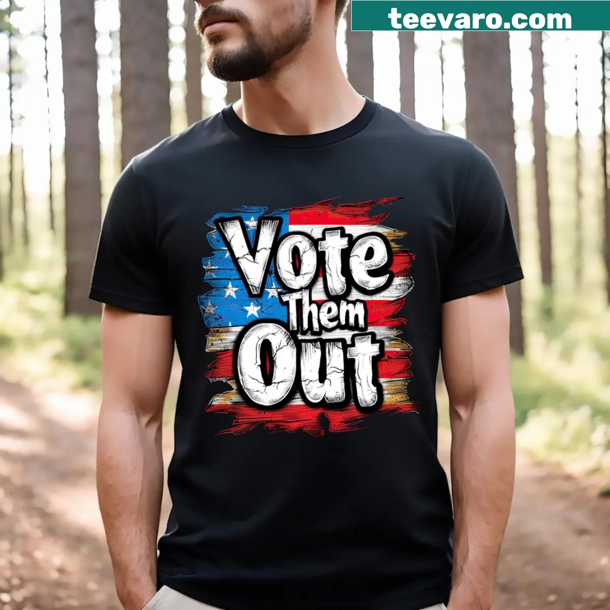 USA flag graphic t-shirt with 'Vote Them Out' slogan — on a men's t-shirt