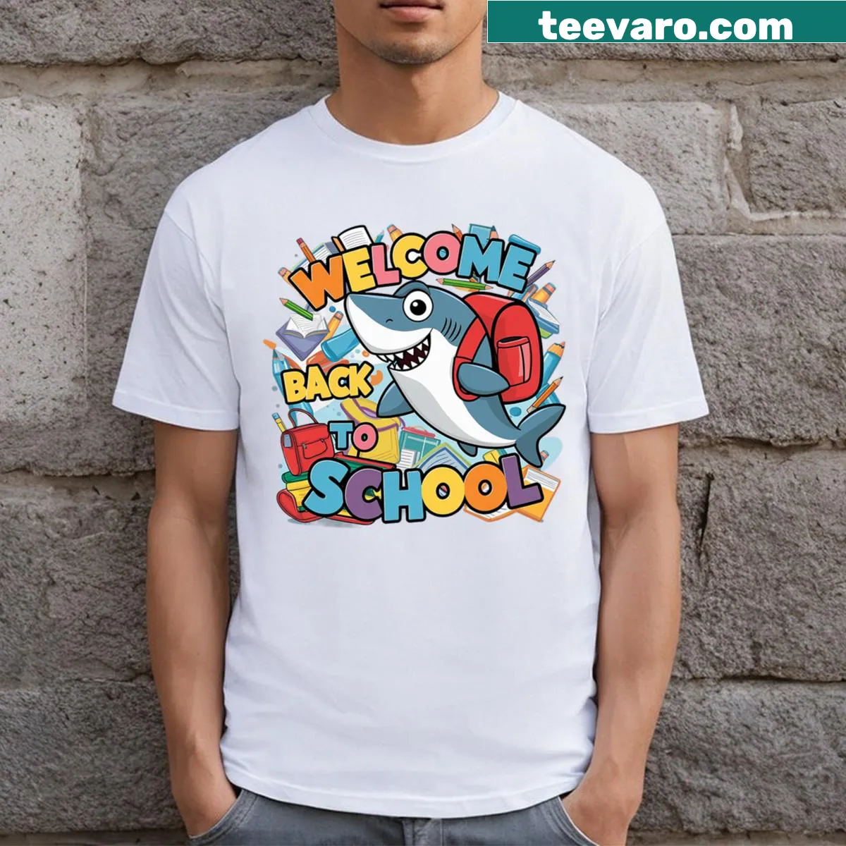 Cartoon shark with 'Welcome Back To School 2024 2025' text — on a men's t-shirt