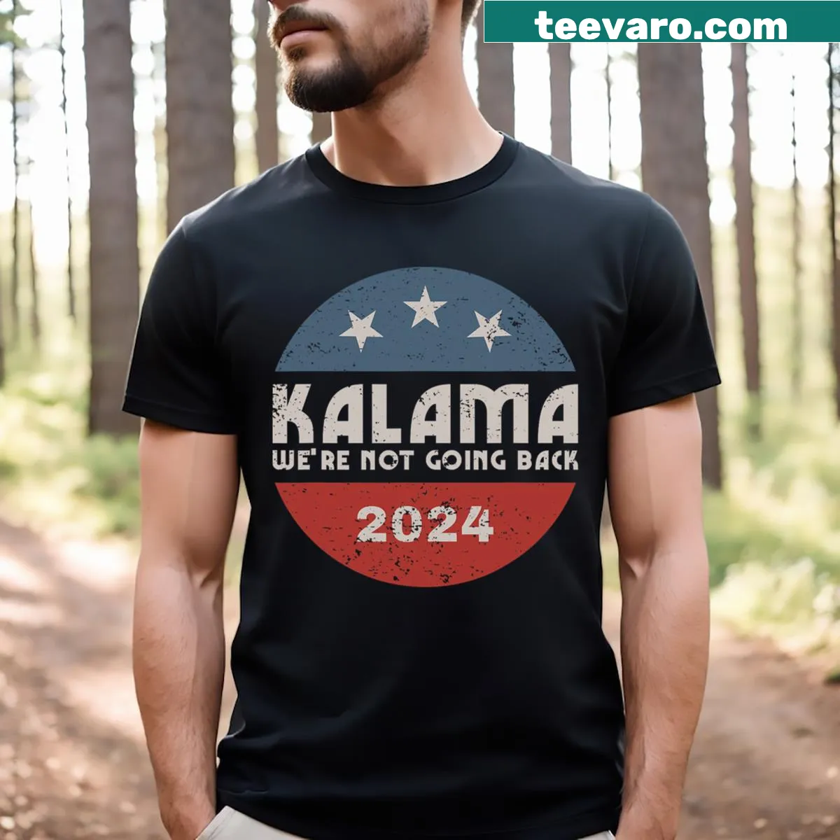 Text T-shirt featuring the slogan 'We're Not Going Back' for Kamala Harris — on a men's t-shirt