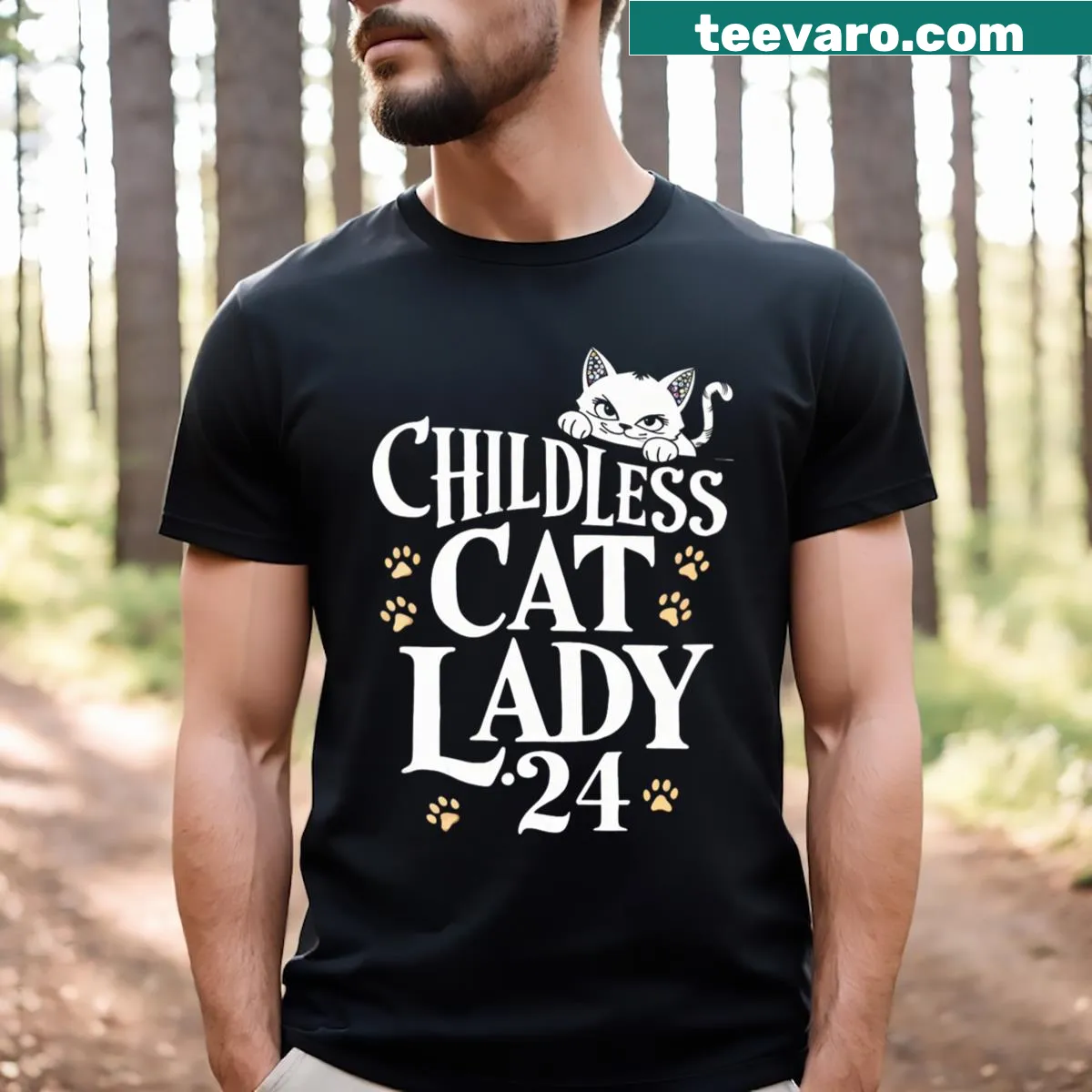 V-neck T-shirt with 'Childless Cat Lady 24' slogan for voting — on a men's t-shirt