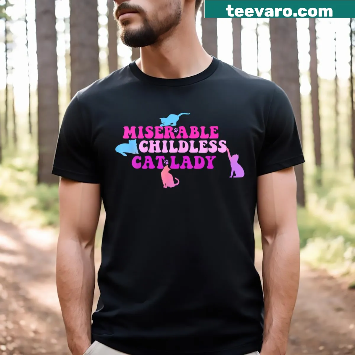 Humorous Childless Cat Lady t-shirt with playful text — on a men's t-shirt