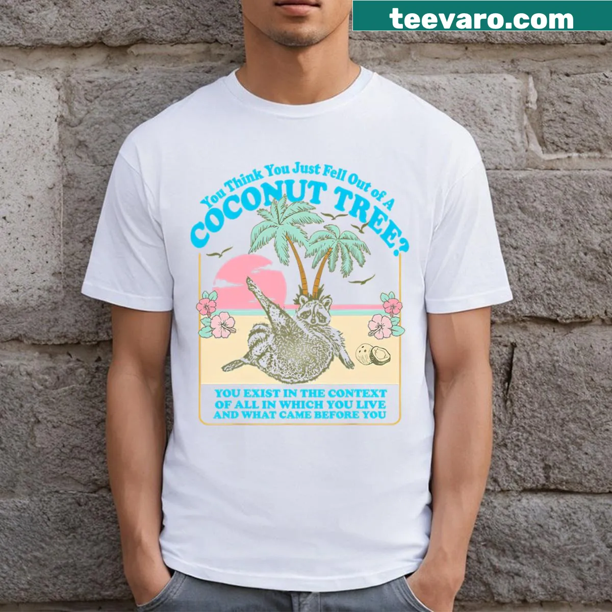 Cute cartoon raccoon t-shirt with playful coconut tree text — on a men's t-shirt