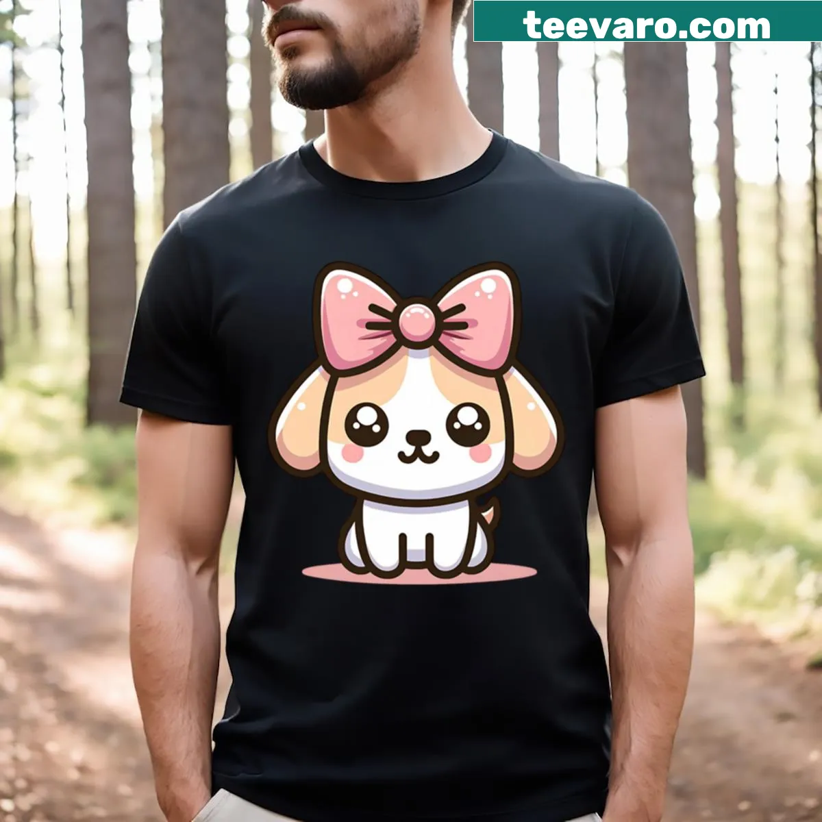 T-shirt with a cute dog illustration wearing a pink bow — on a men's t-shirt