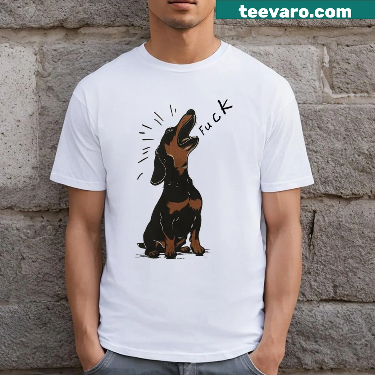 Funny t-shirt featuring an angry dachshund howling — on a men's t-shirt