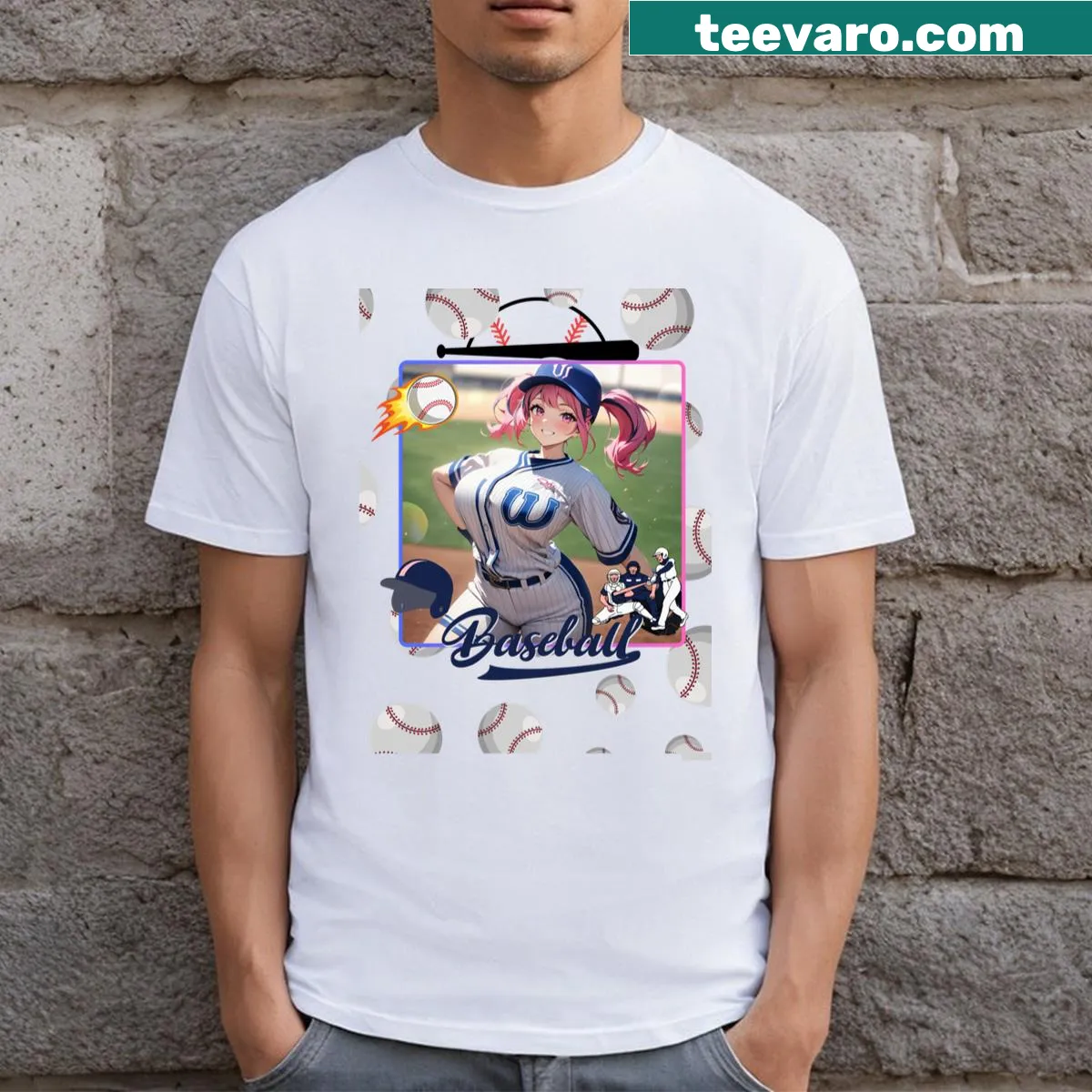 Anime girl graphic t-shirt in a baseball theme — on a men's t-shirt