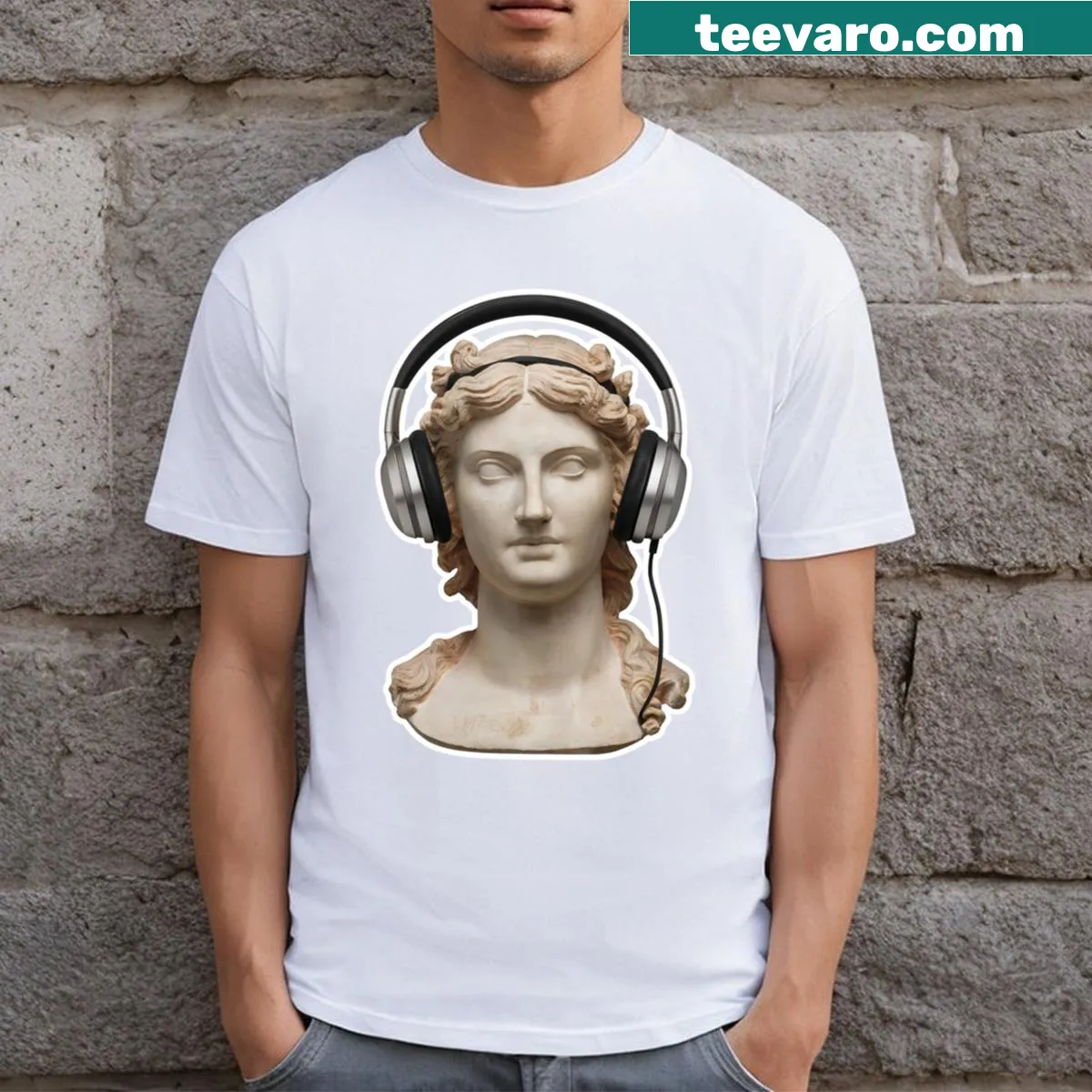 Aphrodite-themed T-shirt celebrating music and creativity — on a men's t-shirt