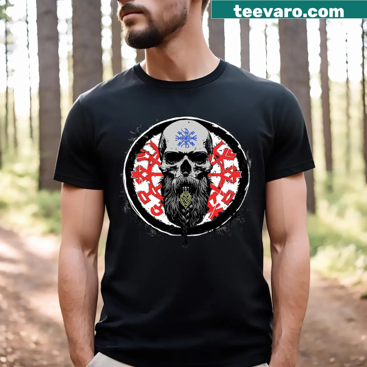 Intricate illustration of a bearded Viking skull with runes on a t-shirt — on a men's t-shirt