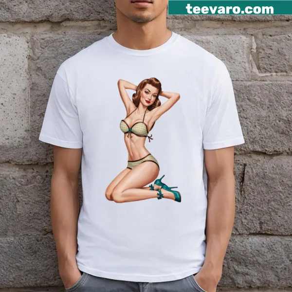 Vintage illustration of a sassy pinup girl in a bikini on a T-shirt