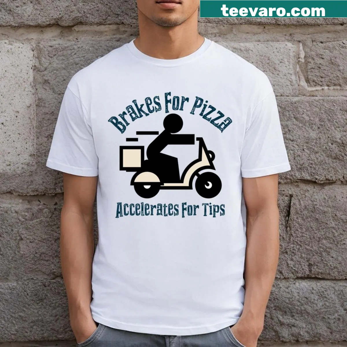 Funny delivery driver T-shirt with pizza and tips graphic — on a men's t-shirt