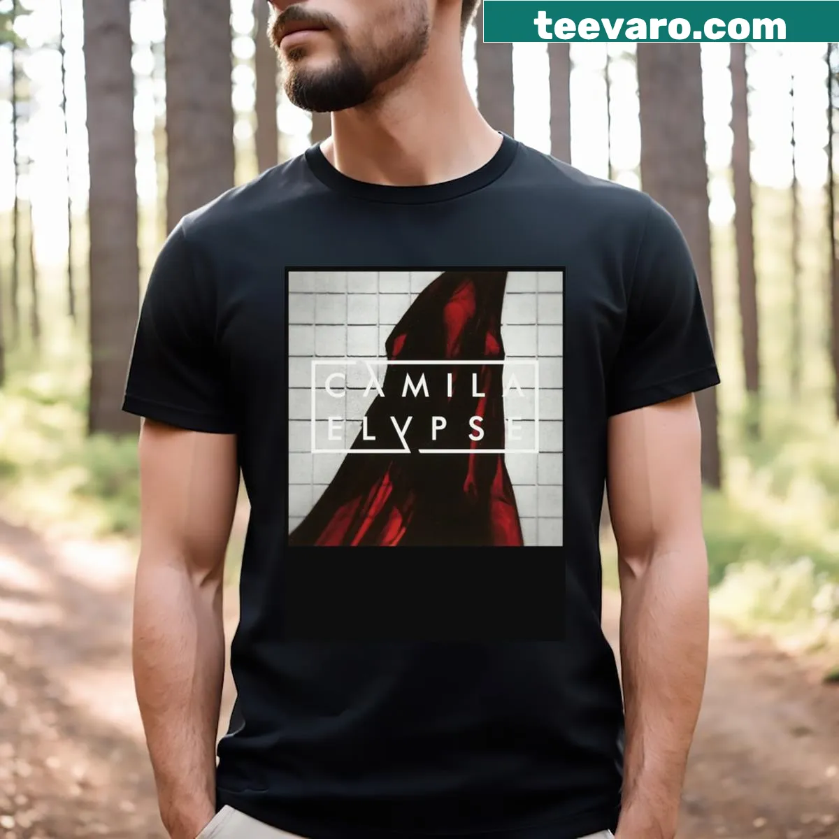 Elegant T-shirt celebrating Camila Elypse album with a stylish design — on a men's t-shirt