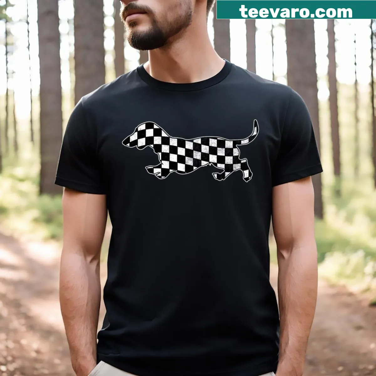 Retro dachshund racing t-shirt with checkered design and puppy illustration — on a men's t-shirt