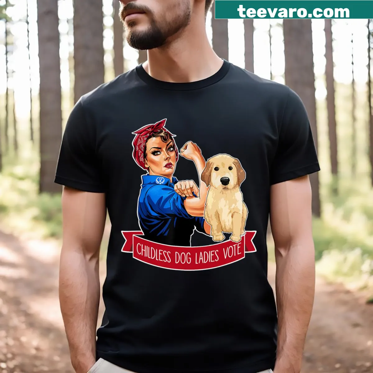 Funny dog owner meme t-shirt featuring 'Vote Dog The Riveter' graphic — on a men's t-shirt