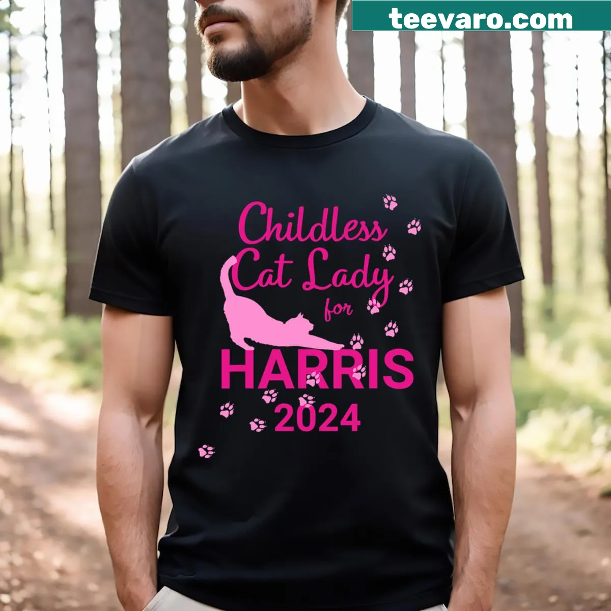 Support Kamala Harris with this humorous Childless Cat Lady t-shirt — on a men's t-shirt
