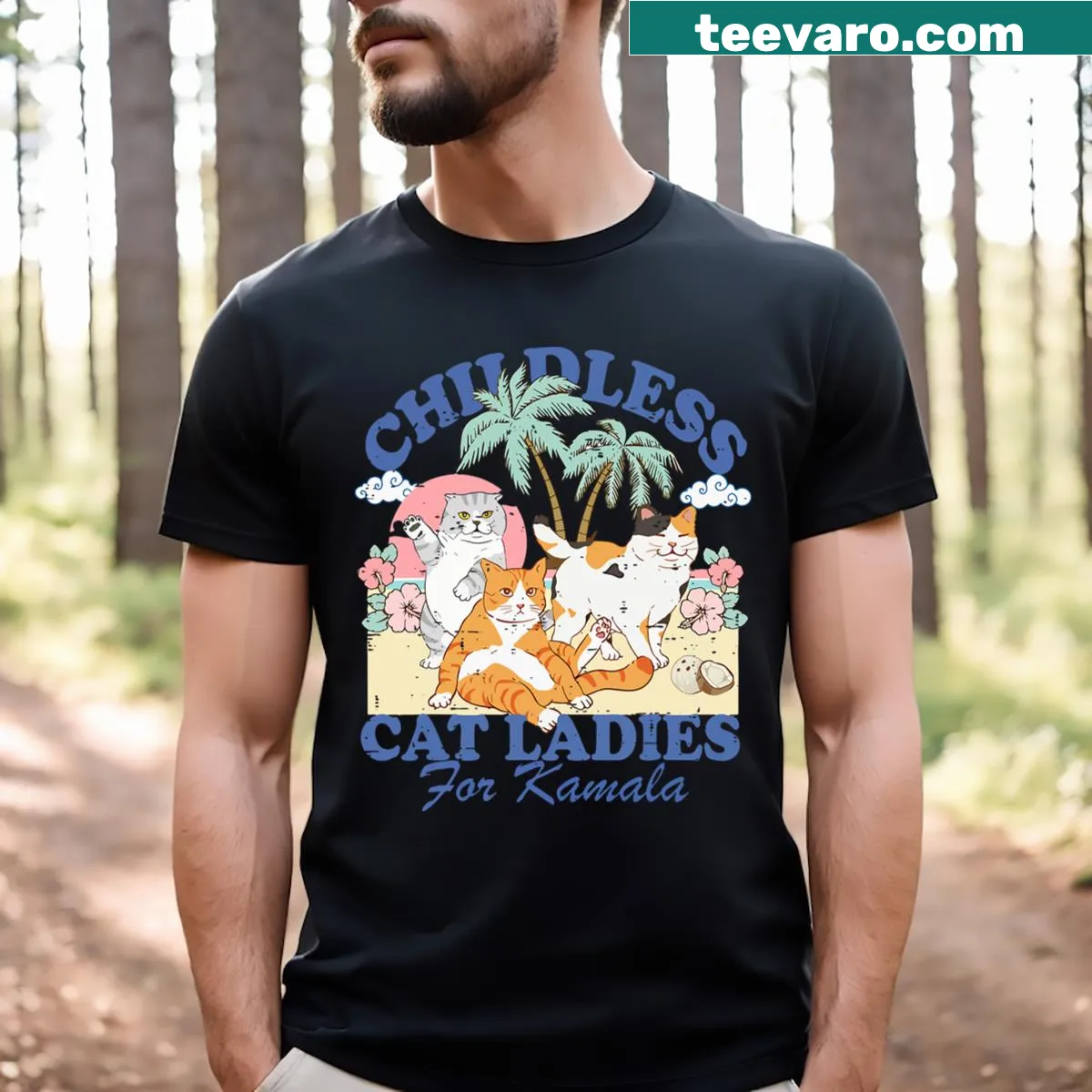 Funny political T-shirt for cat lovers supporting Kamala Harris 2024 — on a men's t-shirt