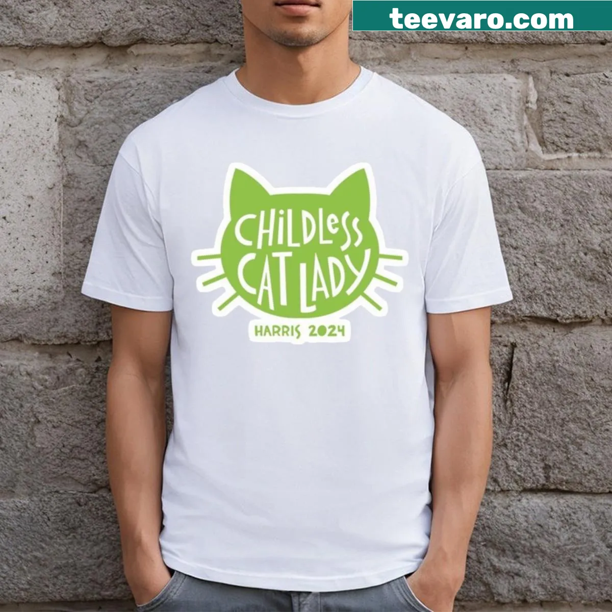 Funny t-shirt for childless cat ladies supporting Kamala Harris 2024 — on a men's t-shirt