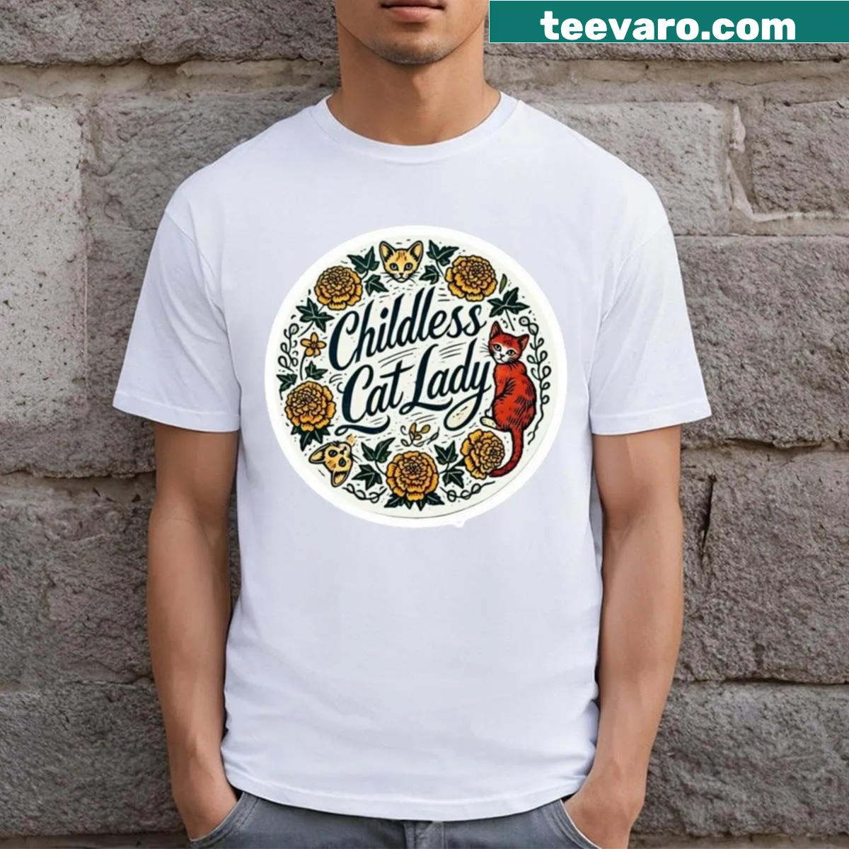 Fun T-shirt celebrating childless cat ladies with playful typography — on a men's t-shirt