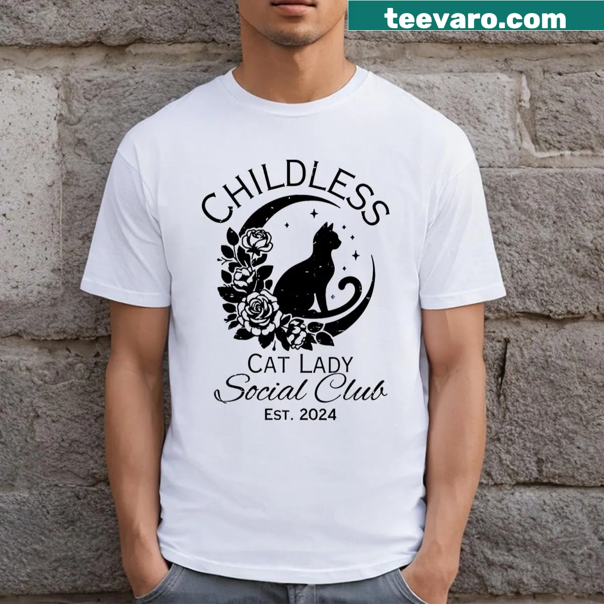 Funny t-shirt for childless cat ladies supporting Kamala Harris and meme culture — on a men's t-shirt