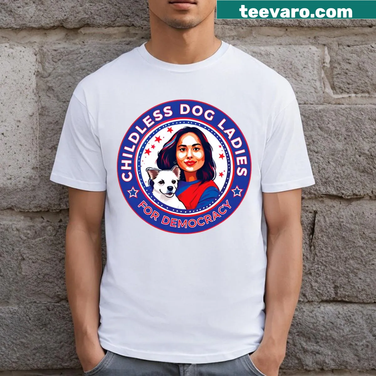 Funny t-shirt for dog and cat ladies supporting democracy — on a men's t-shirt