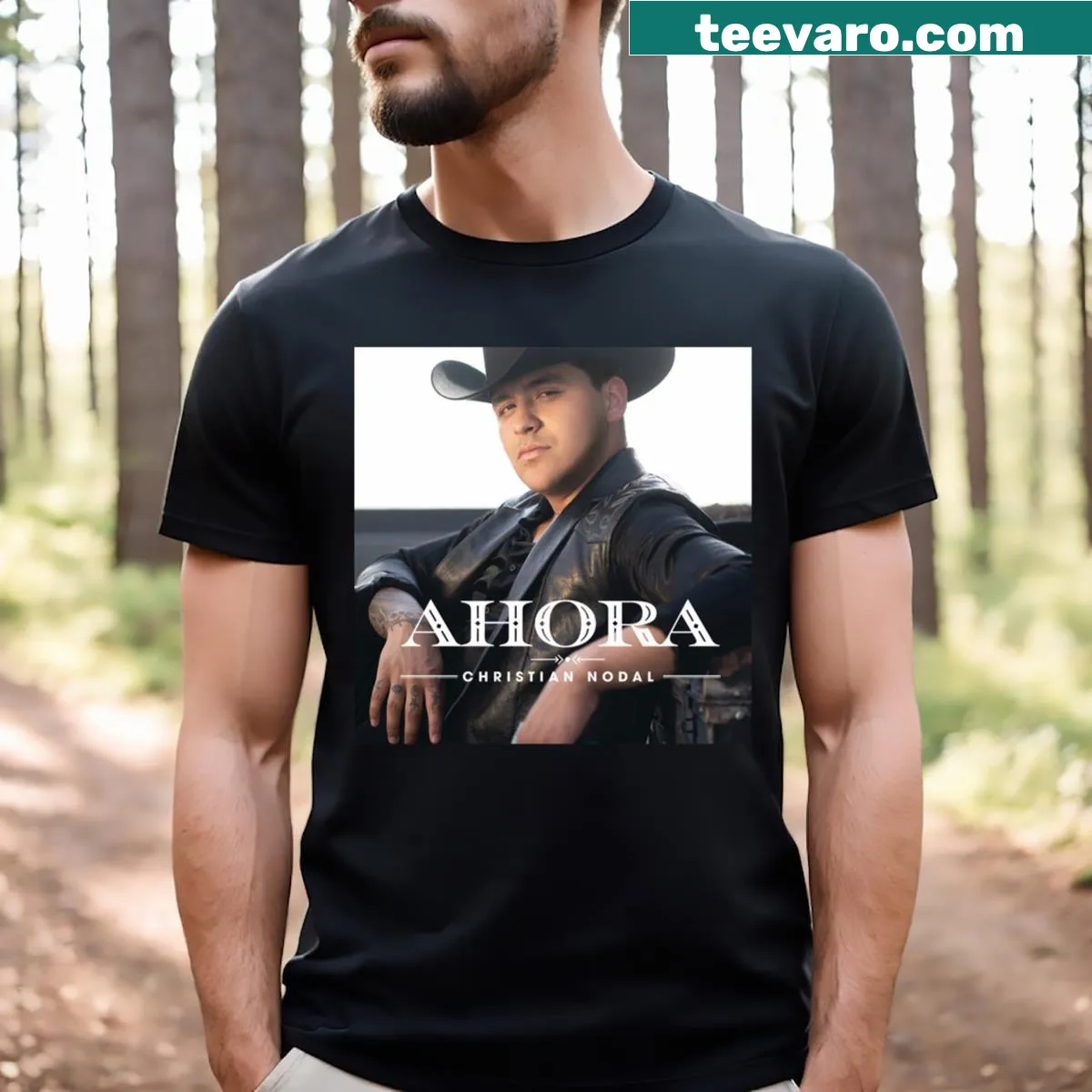 T-shirt featuring Christian Nodal Ahora album title — on a men's t-shirt