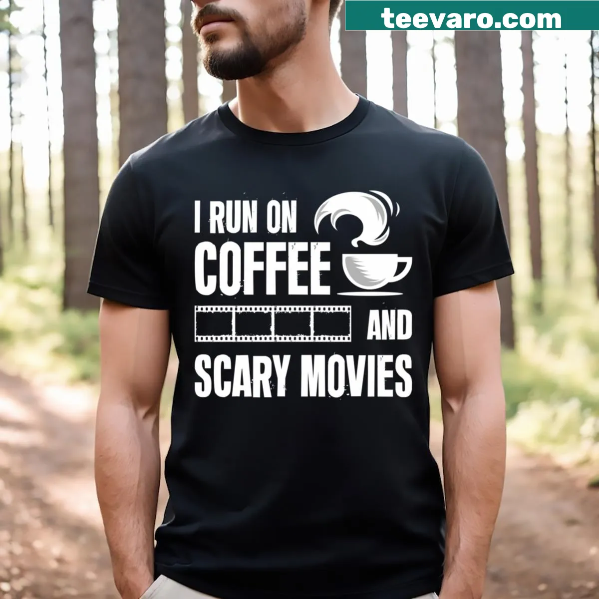 T-shirt for coffee lovers featuring a blend of coffee and horror movie graphics — on a men's t-shirt
