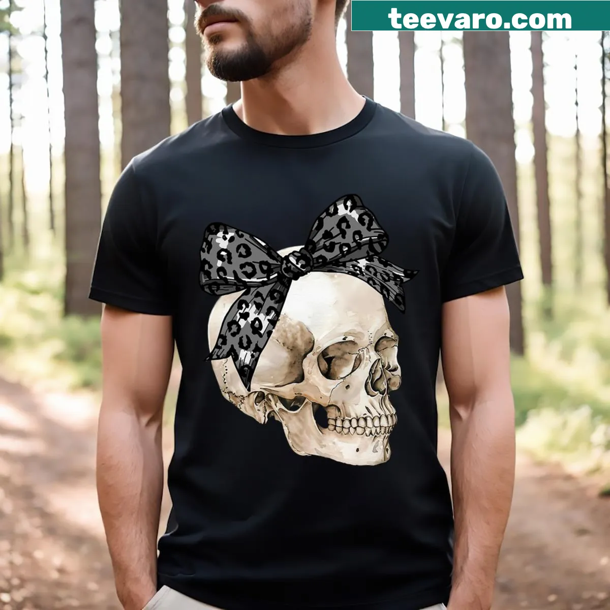 Cute Halloween T-shirt with a skeleton skull and fashionable bow design — on a men's t-shirt