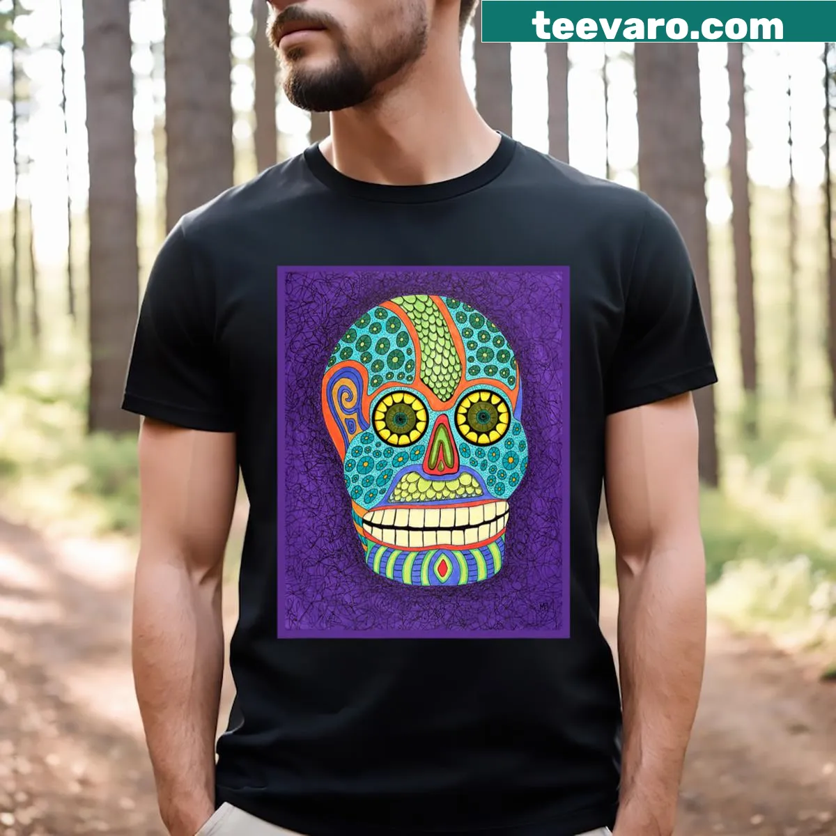 Illustrated sugar skull design celebrating Day of the Dead — on a men's t-shirt