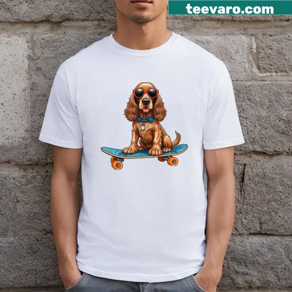 Cartoon design of an English Cocker Spaniel skateboarding