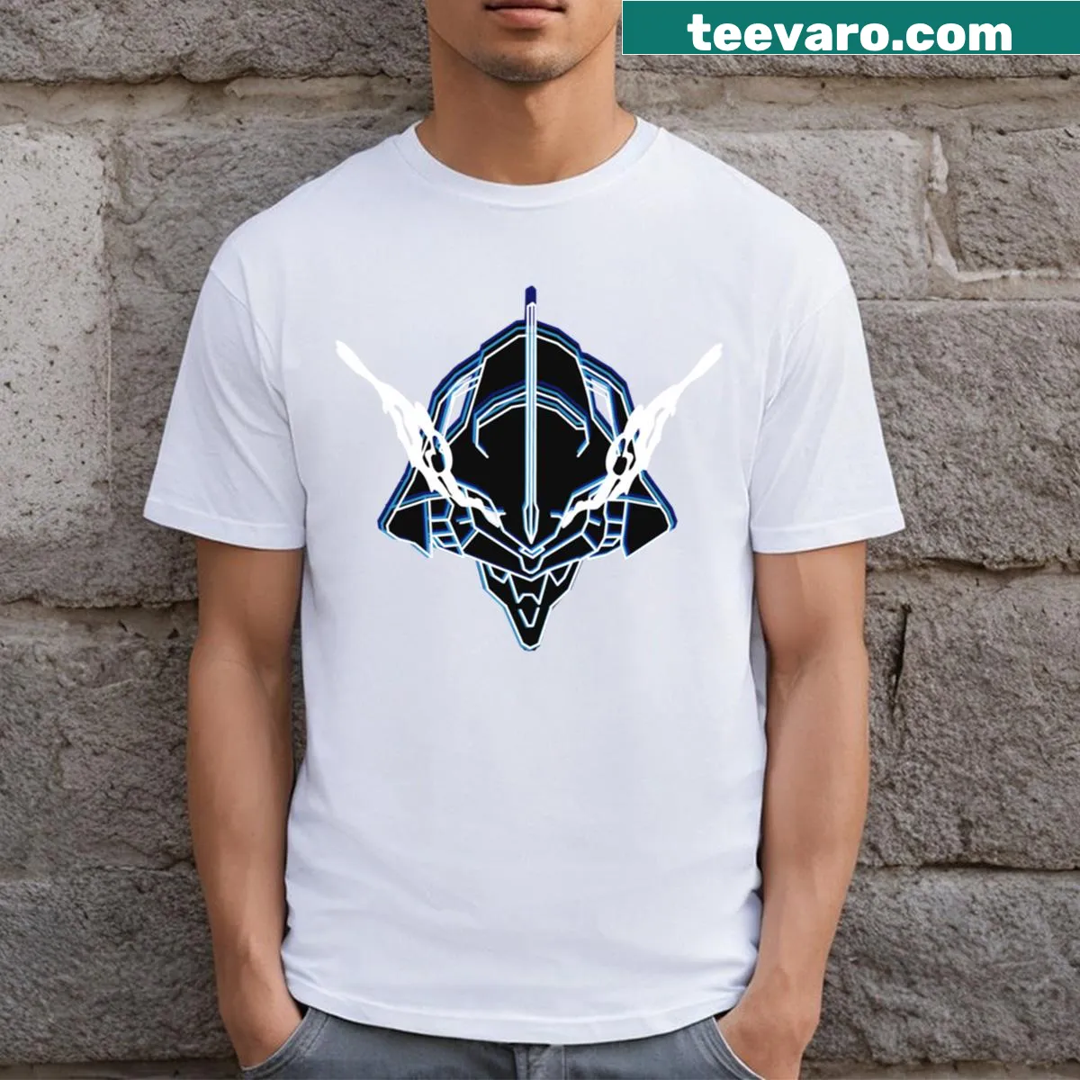 Neon headshot of Shinji Ikari from Evangelion on a T-shirt — on a men's t-shirt