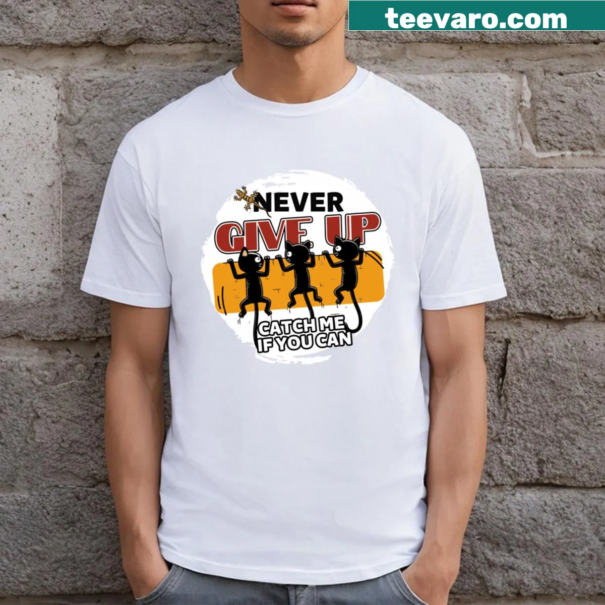 Humorous cat-themed T-shirt with 'Feline Felons On A Wall' text — on a men's t-shirt