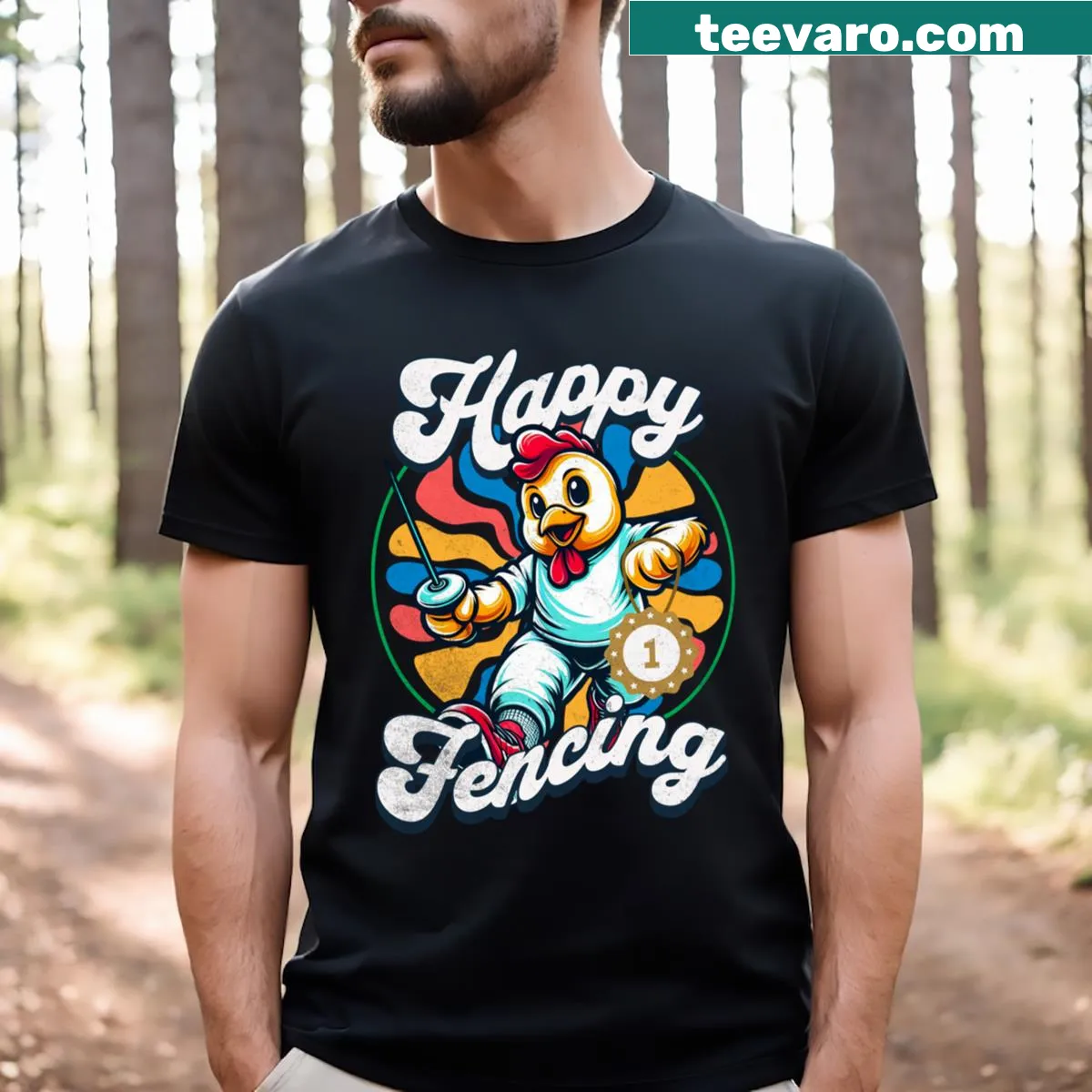 Cartoon chicken in fencing gear with humorous design — on a men's t-shirt