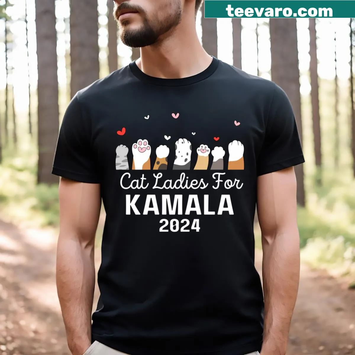 Funny T-shirt with the phrase 'Cat Ladies For Kamala' — on a men's t-shirt