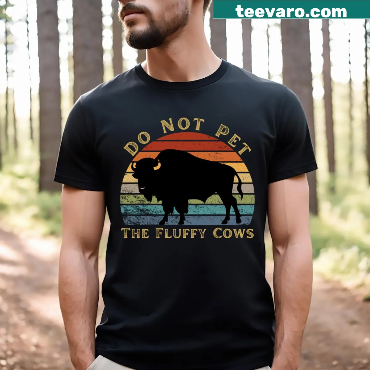Funny Do Not Pet The Fluffy Cows t-shirt with humorous text — on a men's t-shirt