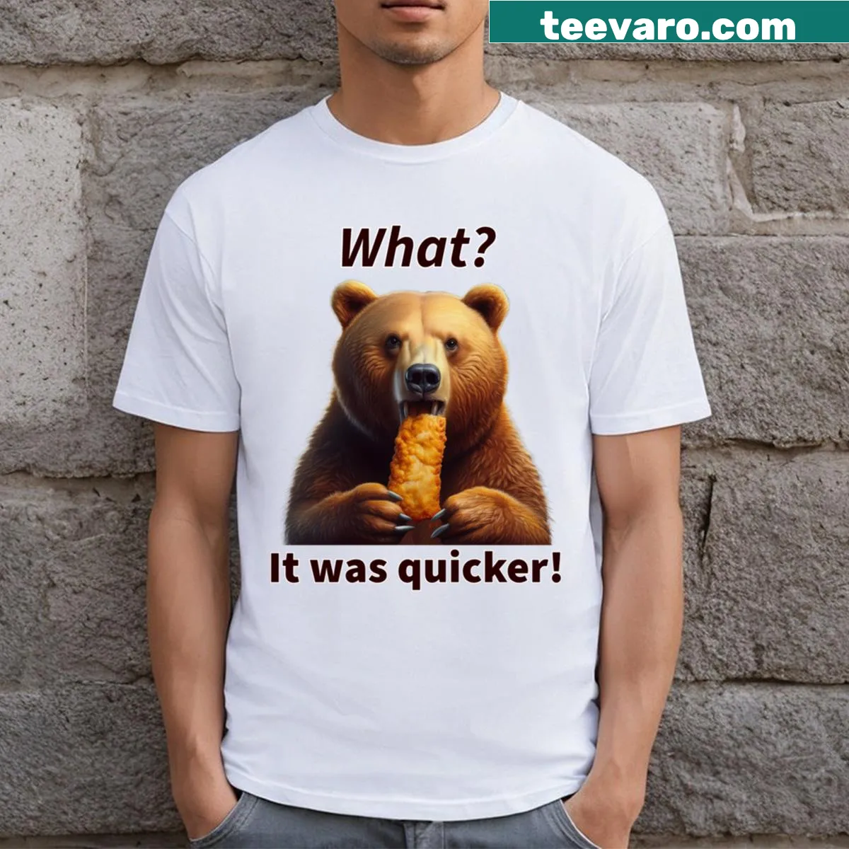 Cartoon bear with fish fingers graphic on a humorous t-shirt — on a men's t-shirt