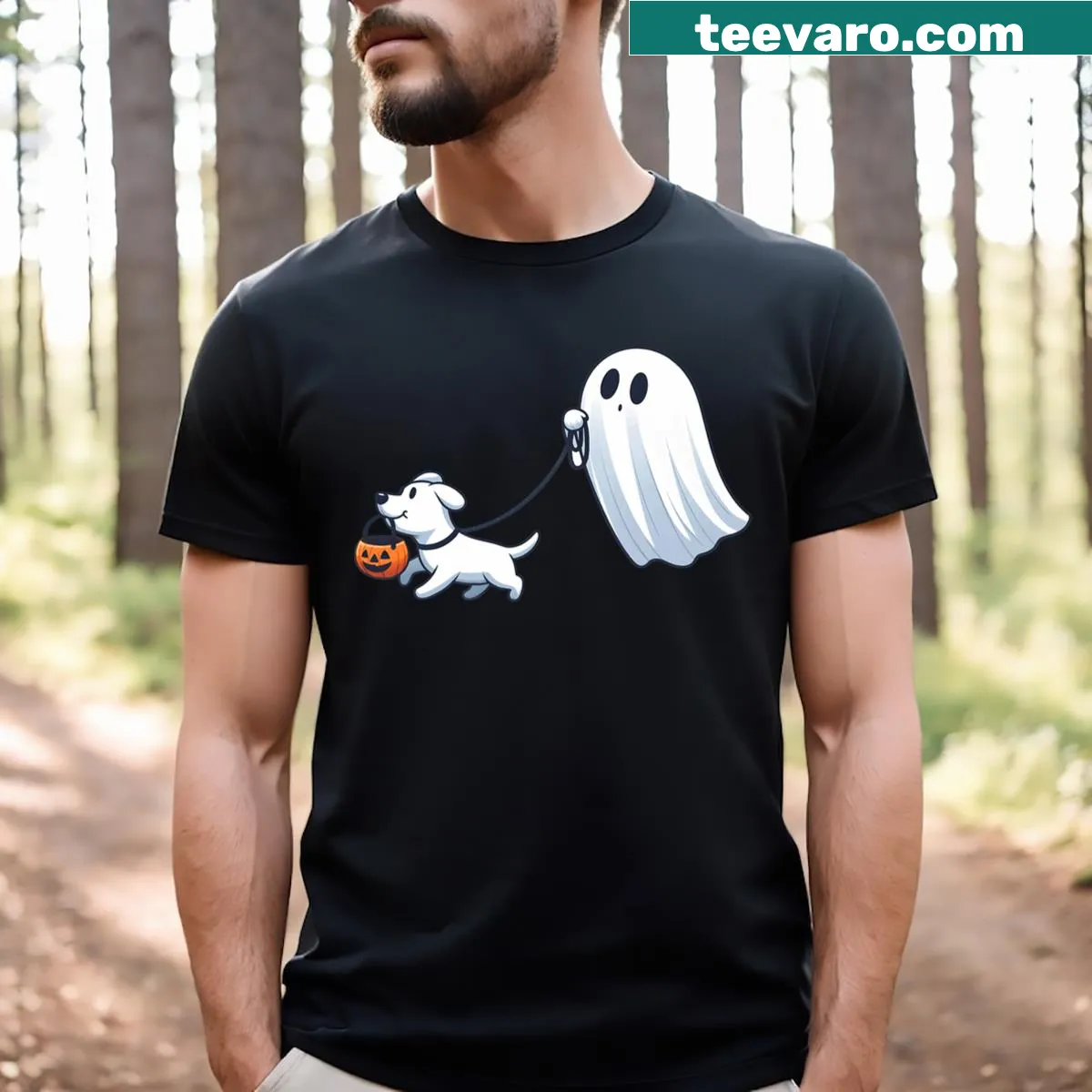 Ghost walking a dog design for Halloween-themed T-shirt — on a men's t-shirt