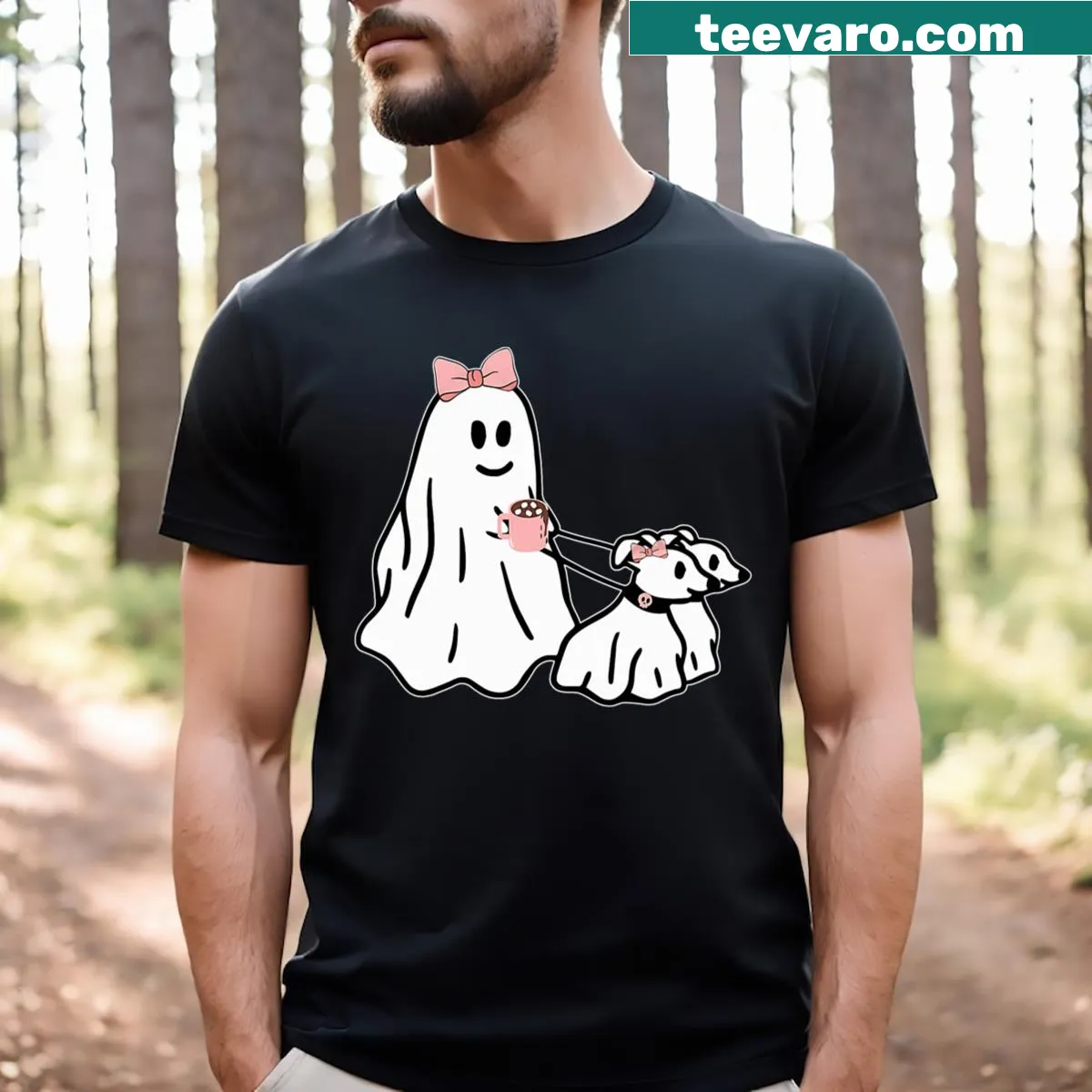 Illustration of a ghost walking a dog on a Halloween T-shirt — on a men's t-shirt