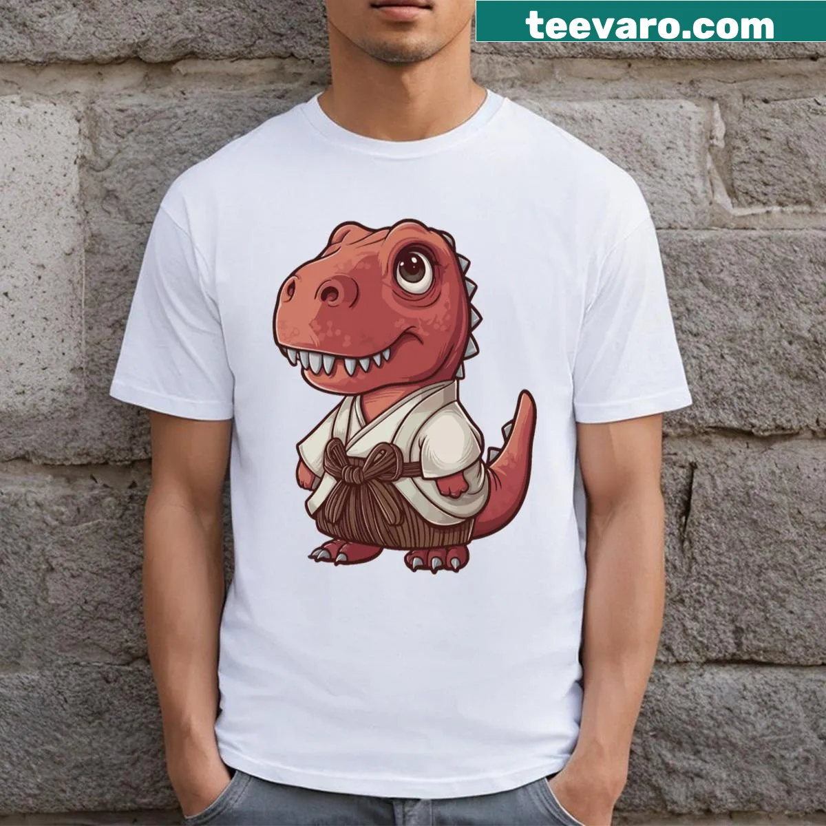 Cartoon dinosaur karate character graphic t-shirt — on a men's t-shirt