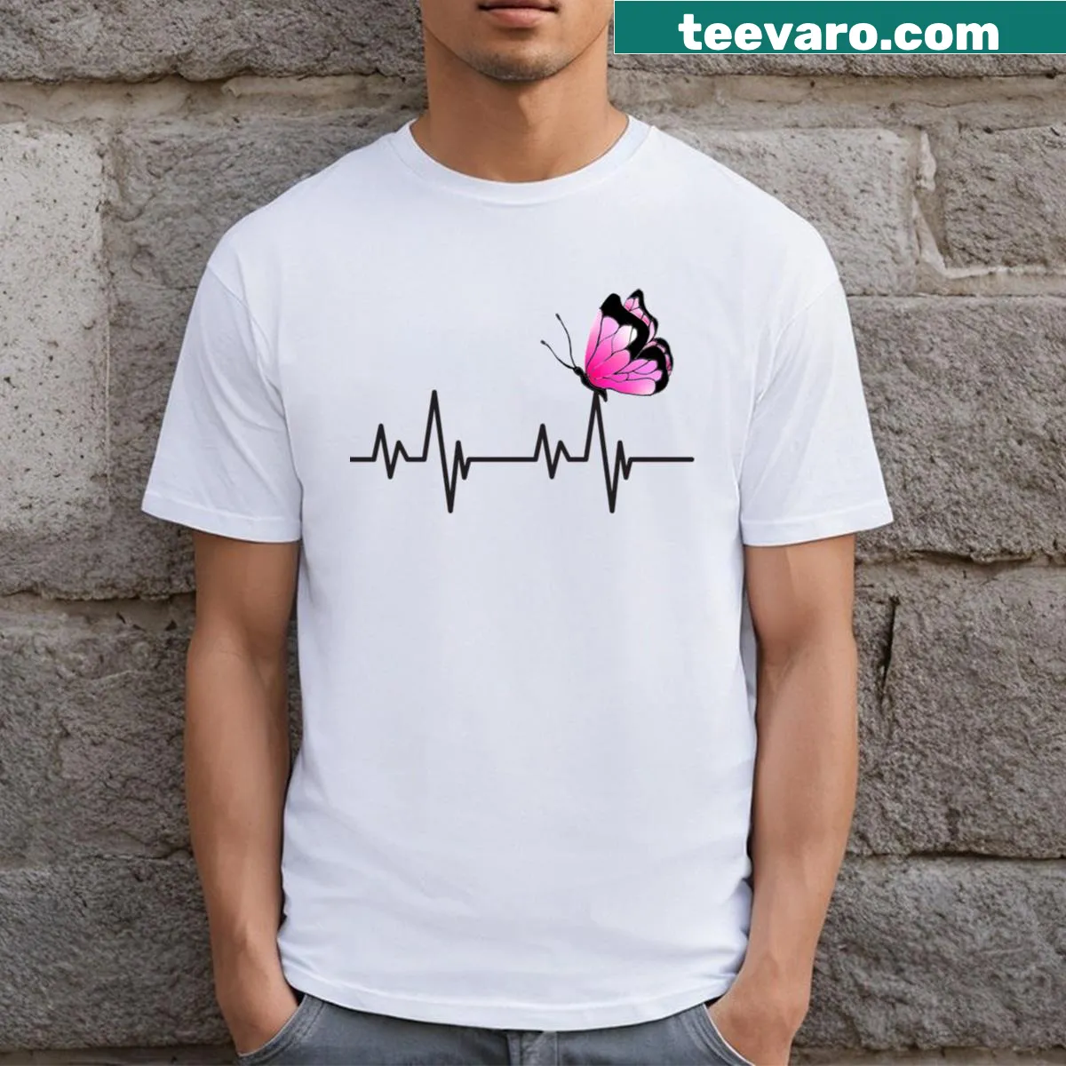 Cartoon t-shirt with a butterfly and heartbeat line design — on a men's t-shirt
