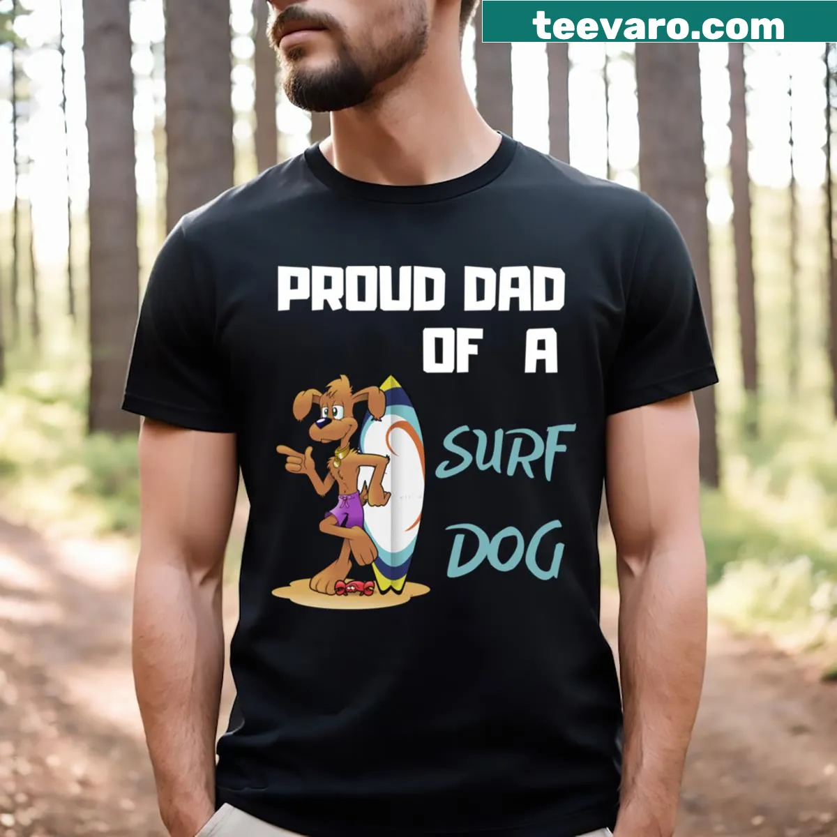 Illustration of a dog surfing, celebrating proud dads who love surfing — on a men's t-shirt