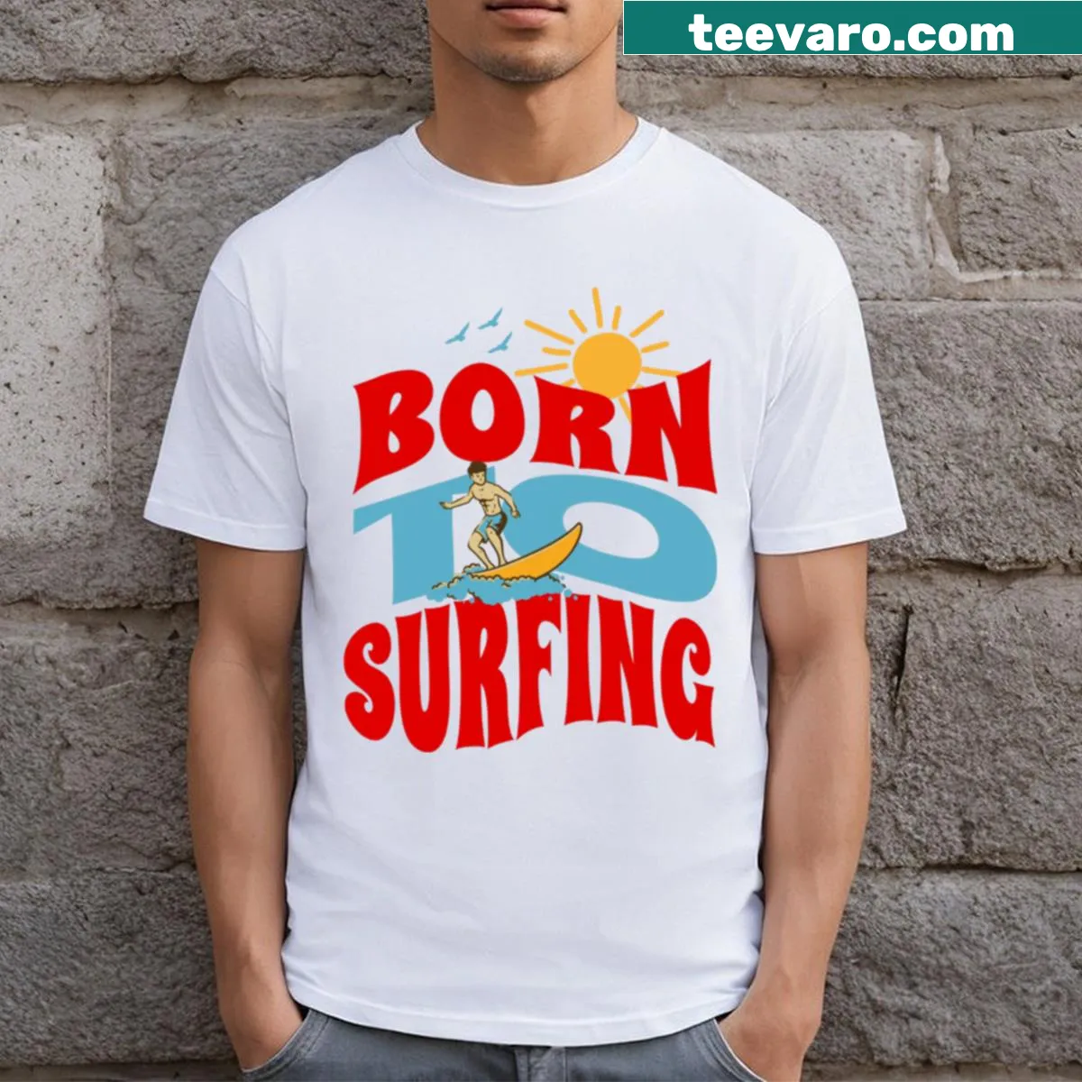 Typographic design with 'Born to Surf' for surf enthusiasts — on a men's t-shirt
