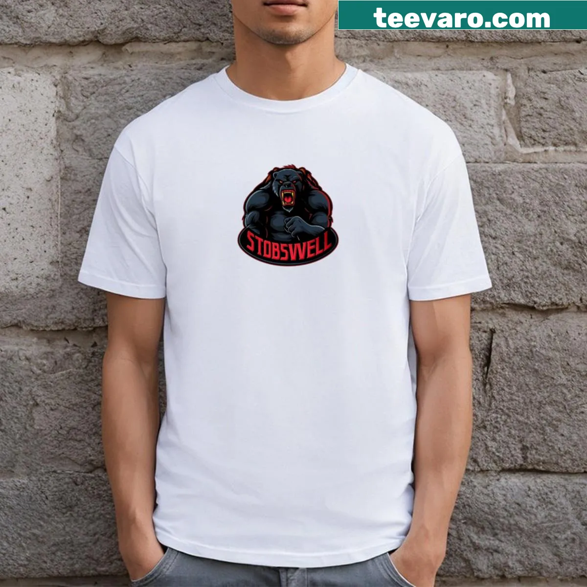 Go Stobswell t-shirt featuring bold typography — on a men's t-shirt