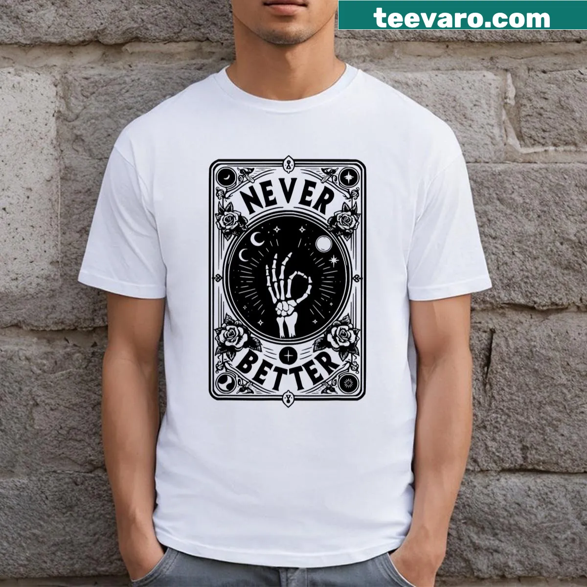 Halloween T-shirt featuring a funny skeleton hand tarot design — on a men's t-shirt