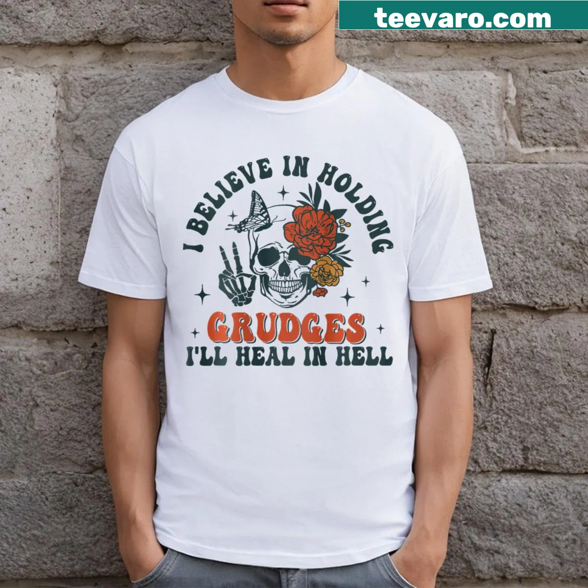 T-shirt with a sarcastic saying about grudges printed on the back — on a men's t-shirt