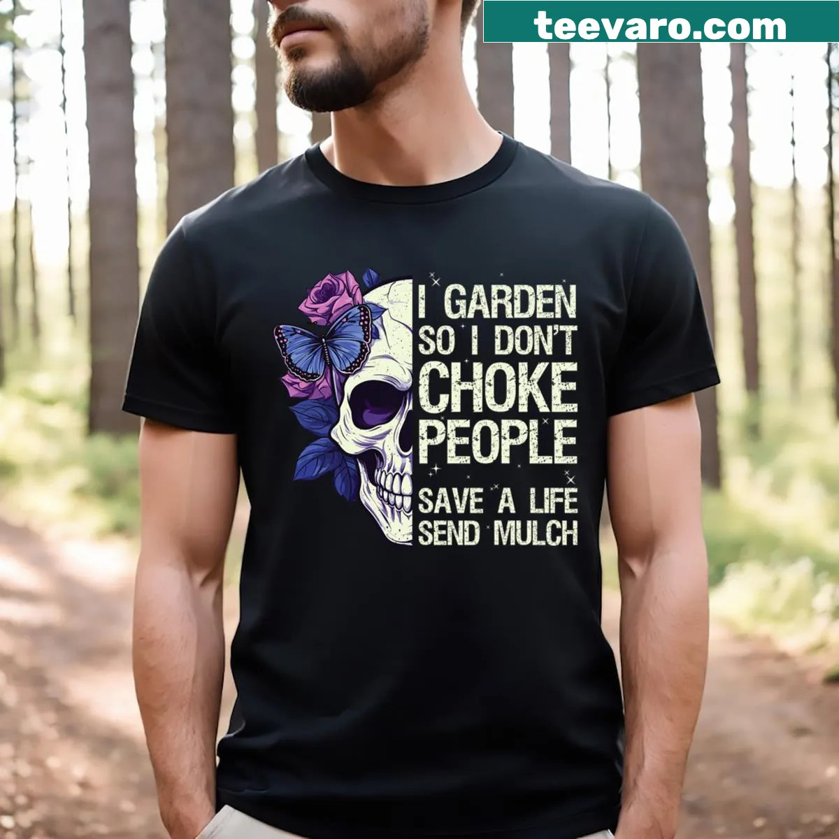 Gothic skull graphic with humor about gardening — on a men's t-shirt