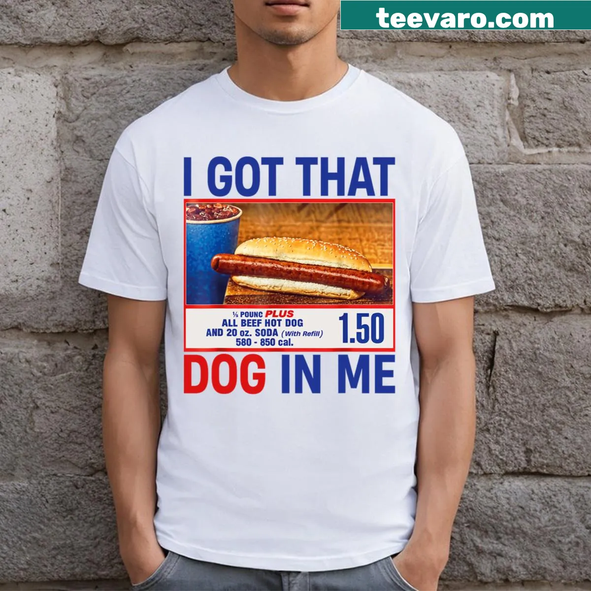 Fourth of July themed t-shirt with 'I Got That Dog In Me' and hotdogs. — on a men's t-shirt